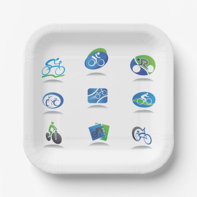 Bicycle Racing Icons Blue and Green Sport Paper Plate (Front)
