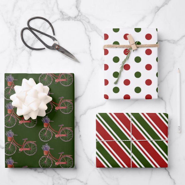 Bicycle Red and Green Christmas   Wrapping Paper Sheet (Front)