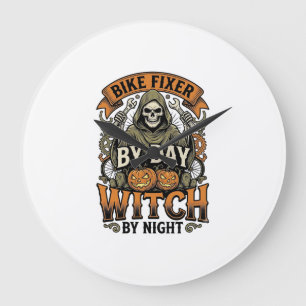 Bicycle Repair Witch Vintage Halloween Bike Mechan Large Clock