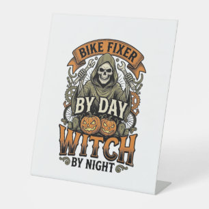 Bicycle Repair Witch Vintage Halloween Bike Mechan Pedestal Sign