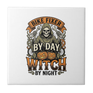 Bicycle Repair Witch Vintage Halloween Bike Mechan Tile