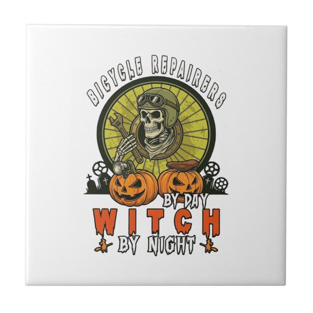 Bicycle Repairers Witch Skull Wrench Pumpkins Hall Tile (Front)