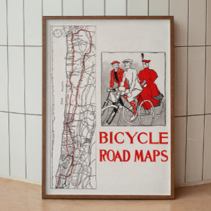 Bicycle road maps. Red vintage retro old antique Poster