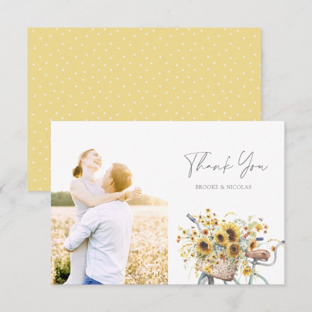 Bicycle Rustic Sunflower Watercolor Wedding Photo Thank You Card (Front/Back)