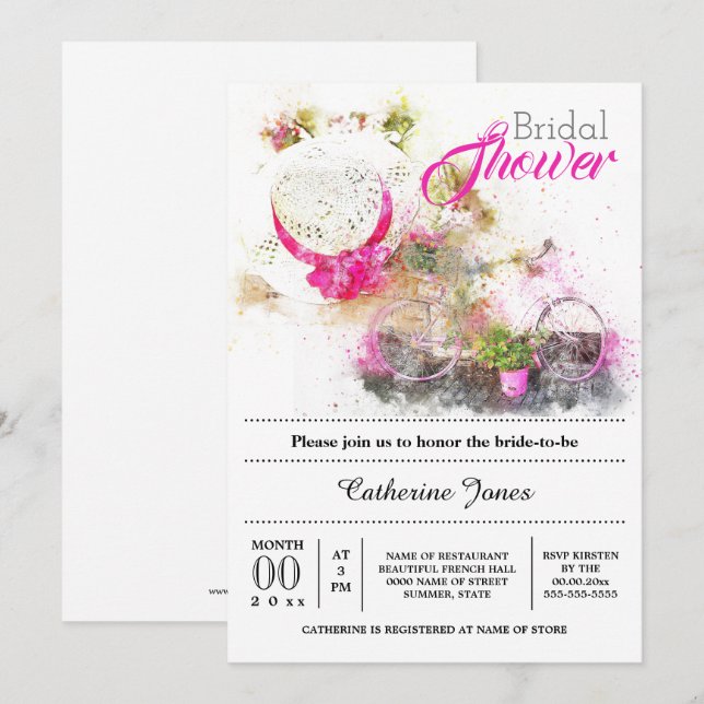 Bicycle summer french floral hat bridal shower invitation (Front/Back)