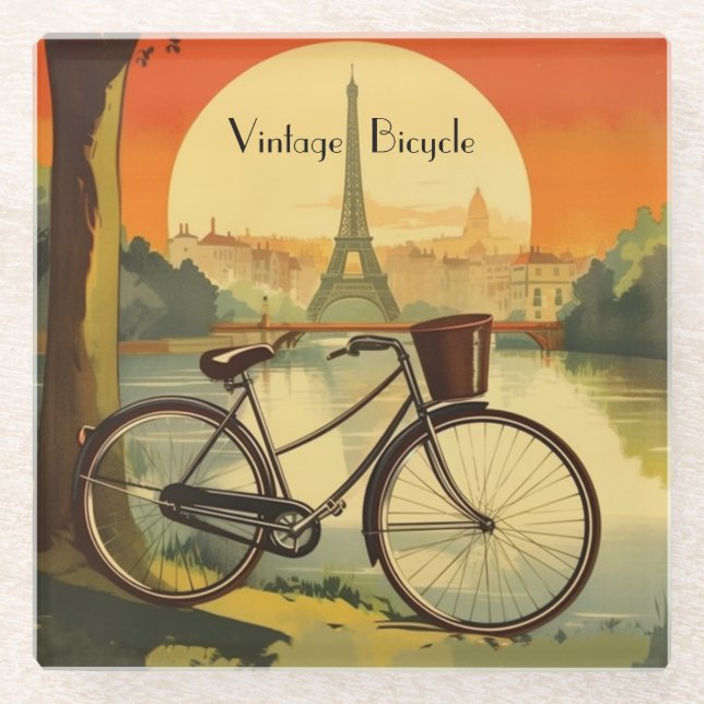 Bicycle Travel Poster, Paris customisable Glass Coaster (Front)