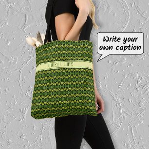 Bicycle wheels pattern custom text green black tote bag