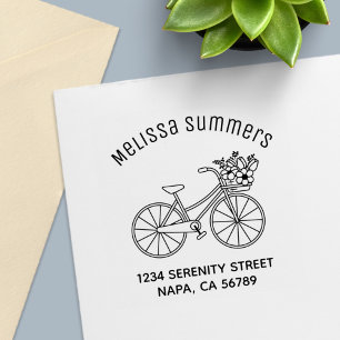 Bicycle with a Flower Basket Address Self-inking Stamp
