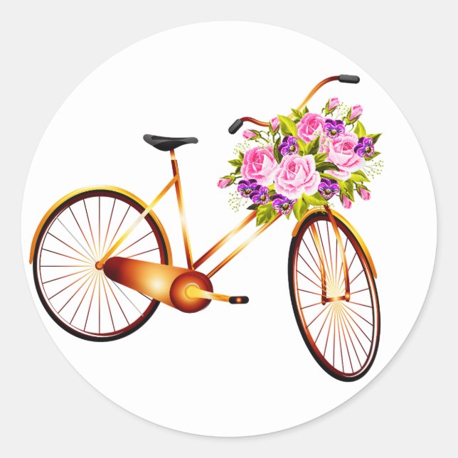 Bicycle With Basket Of Flowers Classic Round Sticker (Front)