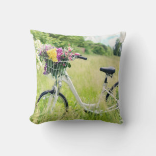 Bicycle with Basket of Flowers in the Meadow Cushion