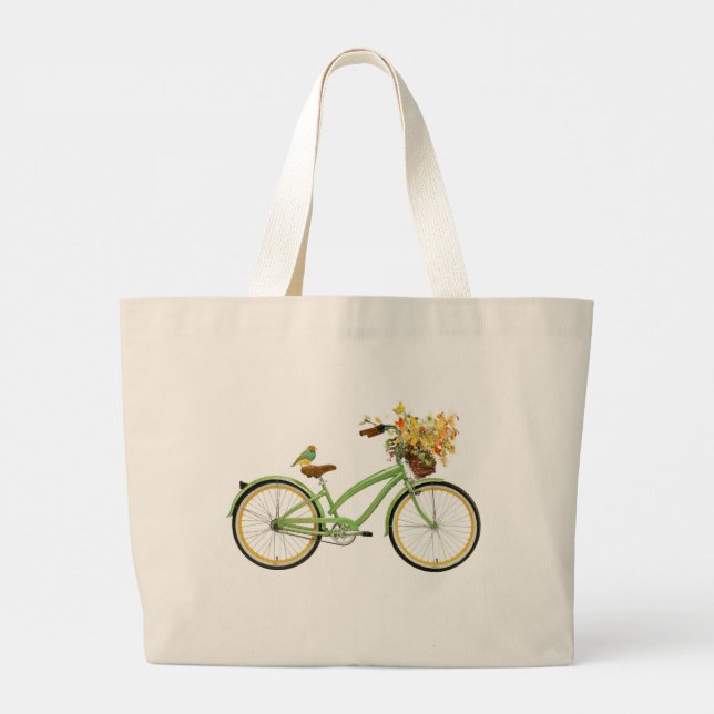 Bicycle With Bird and Flower Basket Green Yellow Large Tote Bag (Back)