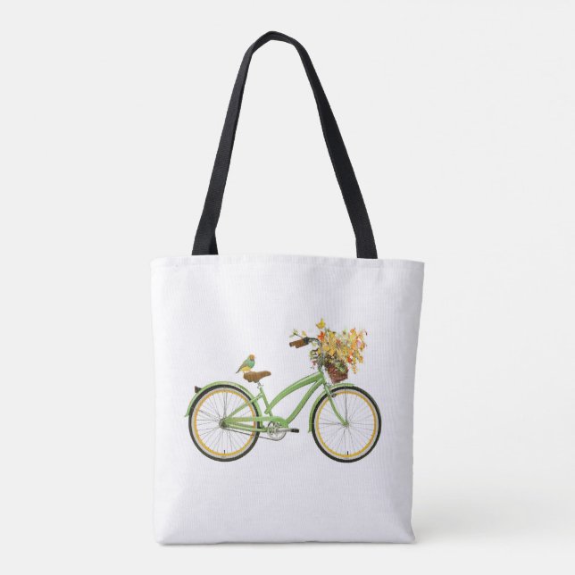 Bicycle With Bird and Flower Basket Green Yellow Tote Bag (Back)