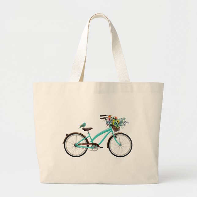 Bicycle With Bird and Flower Basket Turquoise Blue Large Tote Bag (Front)