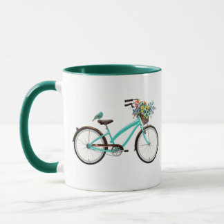 Bicycle With Bird and Flower Basket Turquoise Blue Mug
