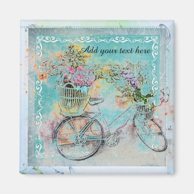 Bicycle with flower baskets on blue burlap magnet (Front)