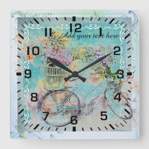 Bicycle with flower baskets on blue burlap square wall clock
