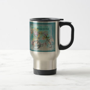 Bicycle with flower baskets on blue burlap travel mug