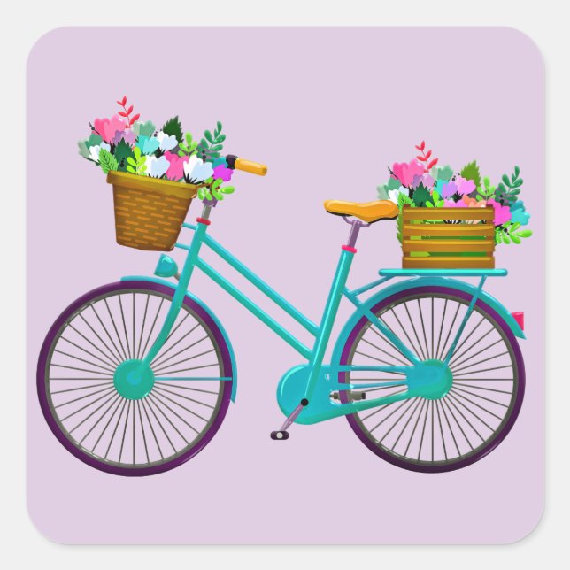 Bicycle With Flowers in Basket Bike Square Sticker (Front)