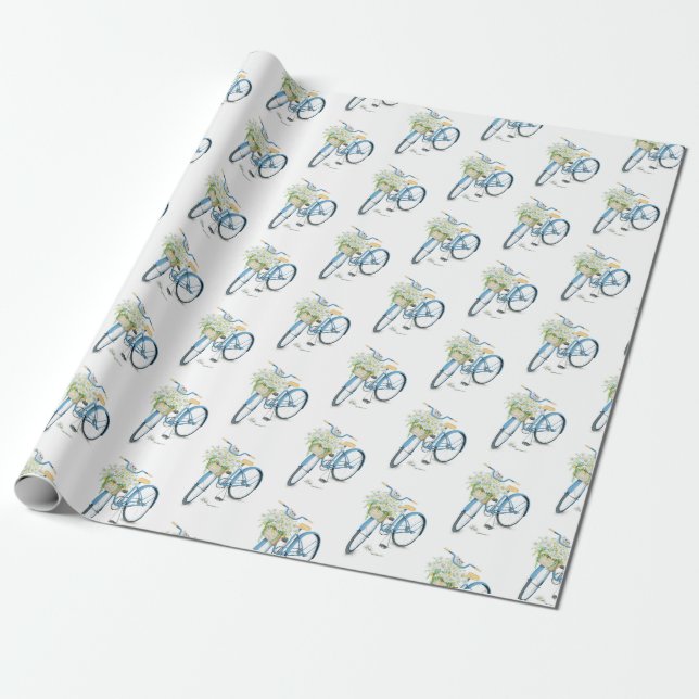 bicycle with white cat and daisies wrapping paper (Unrolled)