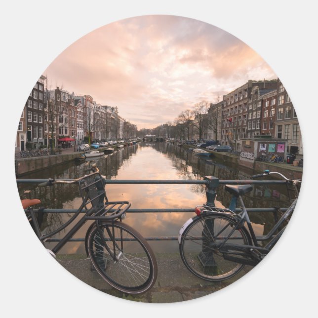 Bicycles at sunset in Amsterdam Classic Round Sticker (Front)