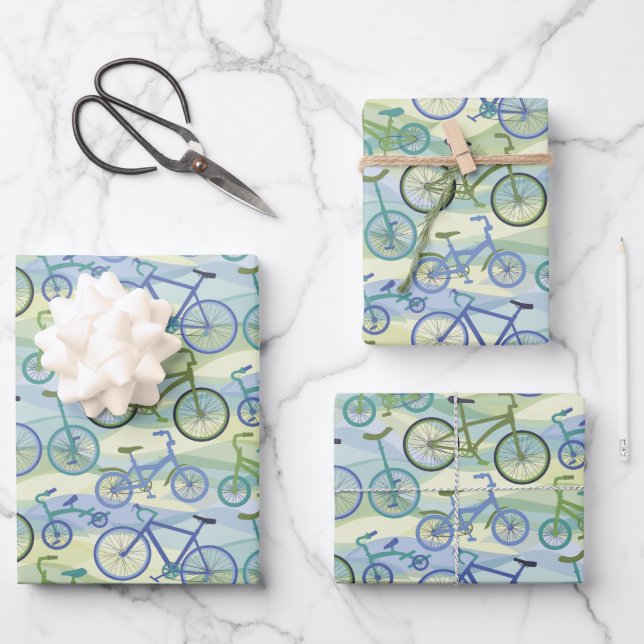 Bicycles Blue Green Wrapping Paper Sheet (Front)