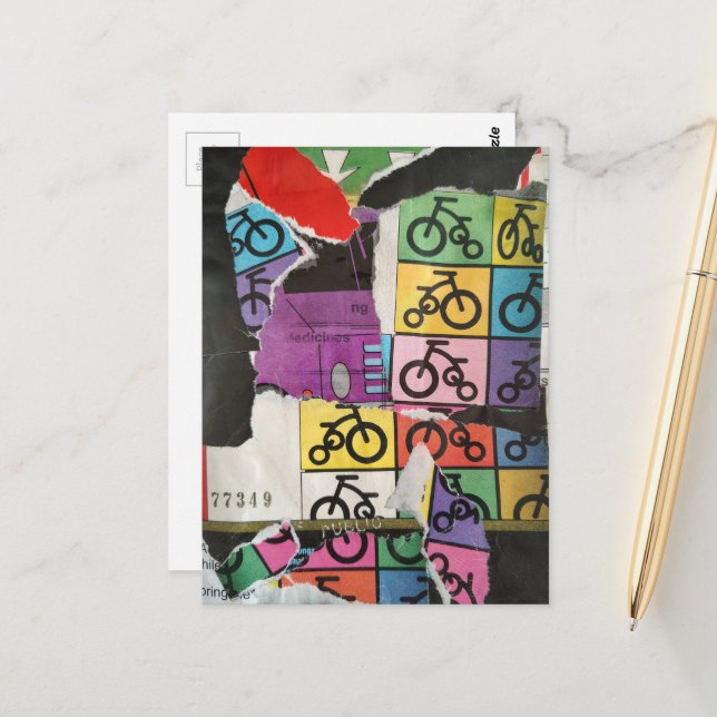 Bicycles colorful mixed media collage postcard (Front/Back In Situ)