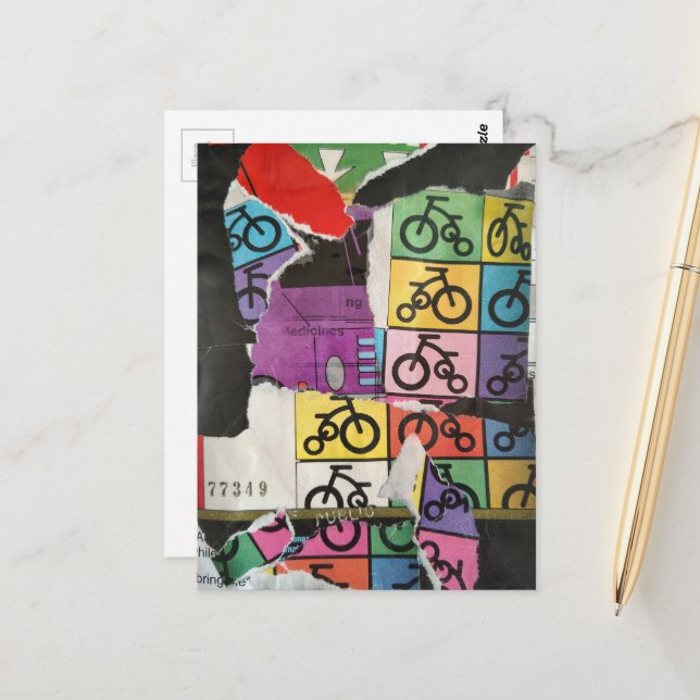 Bicycles colorful mixed media collage postcard (Front/Back In Situ)