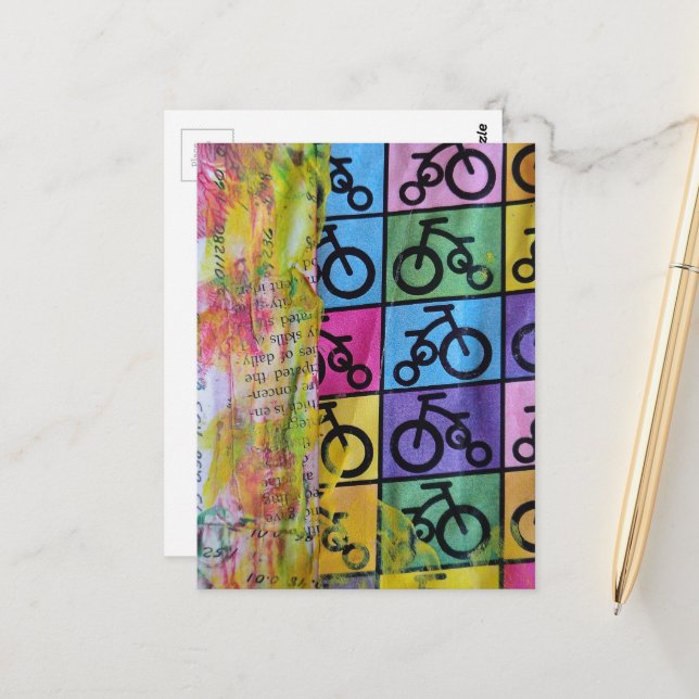 Bicycles colorful mixed media collage postcard (Front/Back In Situ)