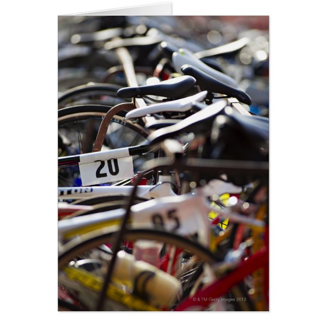 Bicycles on the rack at a triathlon race ready (Front)