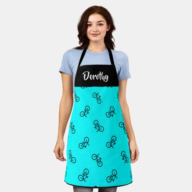 Bicycles pattern on blue apron (Worn)