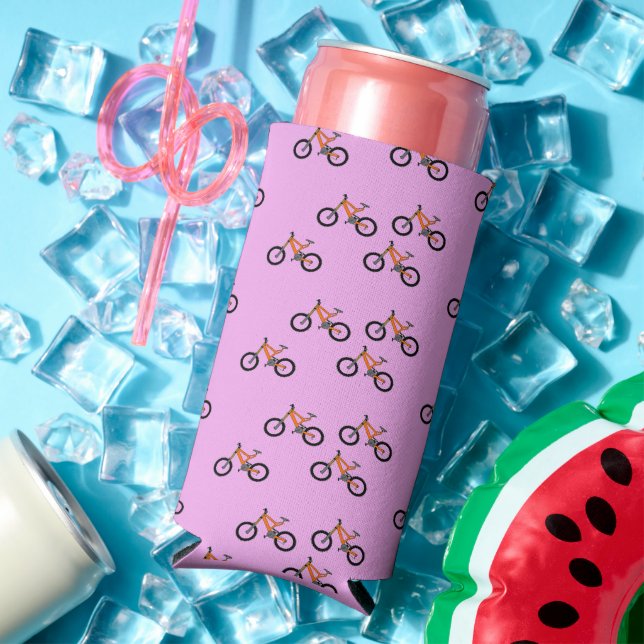 Bicycles pattern on pink seltzer can cooler (In Situ Summer)