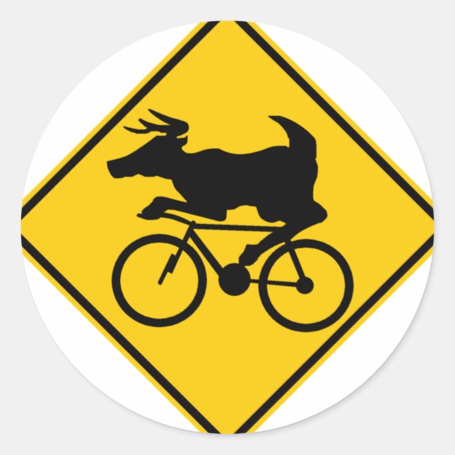 Bicycling Deer Crossing Highway Sign Classic Round Sticker (Front)