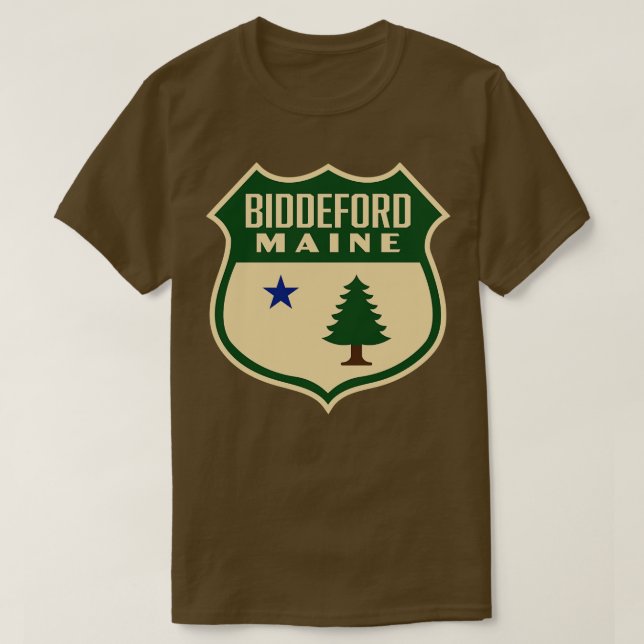 Biddeford Maine Retro Pine Tree Shield Green T-Shirt (Design Front)