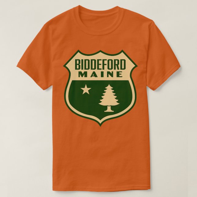 Biddeford Maine Retro Pine Tree Shield Tan T-Shirt (Design Front)