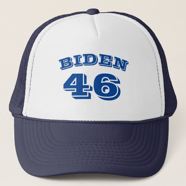 Biden 46 white curved blue letters trucker hat (Front)