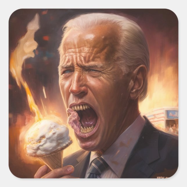 Biden eating  ice cream as the world burns square sticker (Front)
