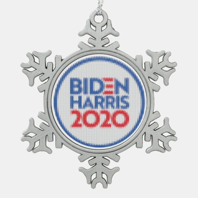 Biden Harris 2020 Knitted Holiday Snowflake Pewter Christmas Ornament (Front)