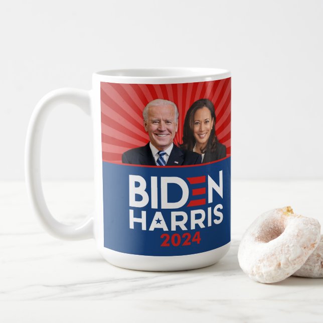 Biden Harris Photo - 2024 star - Red White Blue Coffee Mug (With Donut)