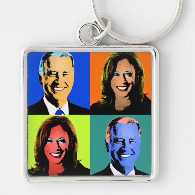 Biden Harris Pop Art (Blue, Orange, Neon, Green) Key Ring (Front)