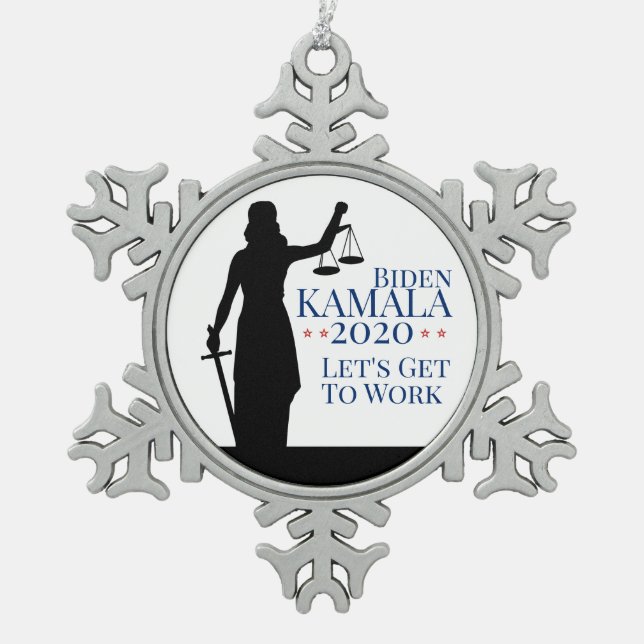 Biden Harris President Get to Work 2020 Election Snowflake Pewter Christmas Ornament (Front)