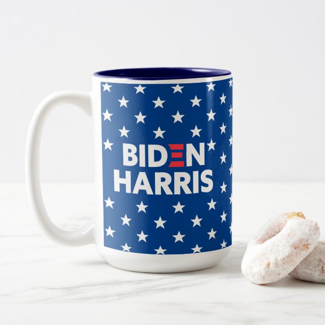 Biden / Harris White Stars Pattern Blue Two-Tone Coffee Mug (With Donut)
