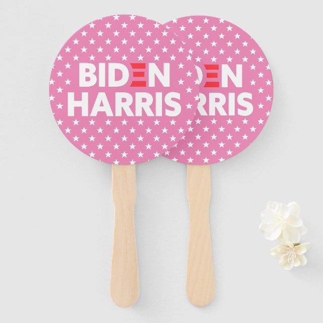 Biden / Harris White Stars Pattern Pink Hand Fan (Front and Back)