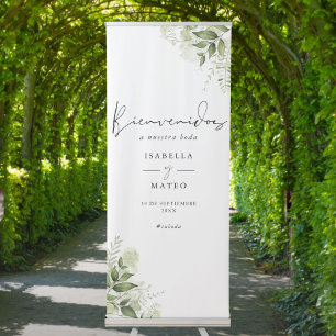 Bienvenida de boda floral y verde retractable banner