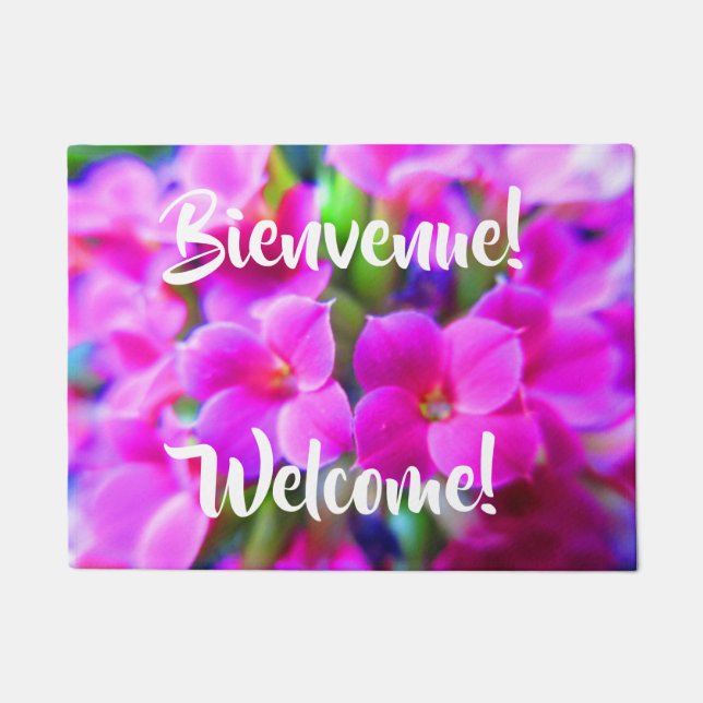 Bienvenue Welcome French English Bright Flowers Doormat (Front)