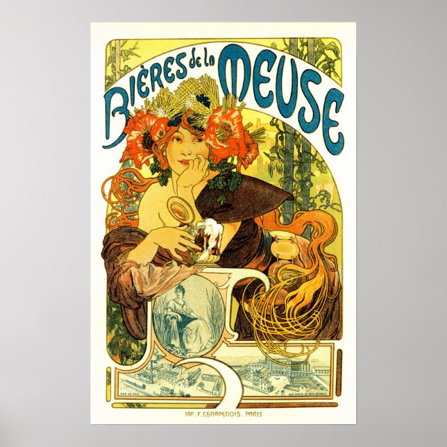 BIERES DE LA MEUSE Beer Alphonse Mucha Art Nouveau Poster (Front)
