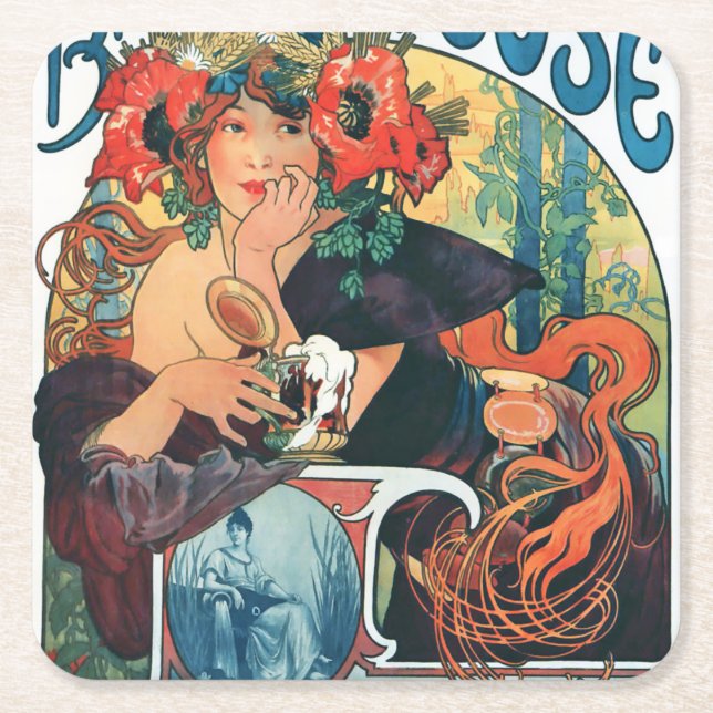 Bieres de la Meuse, Mucha Square Paper Coaster (Front)