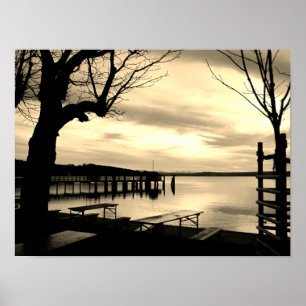 Biergarten by the lake monochrome poster