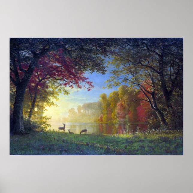 Bierstadt - Indian Sunset Deer By A Lake Poster (Front)