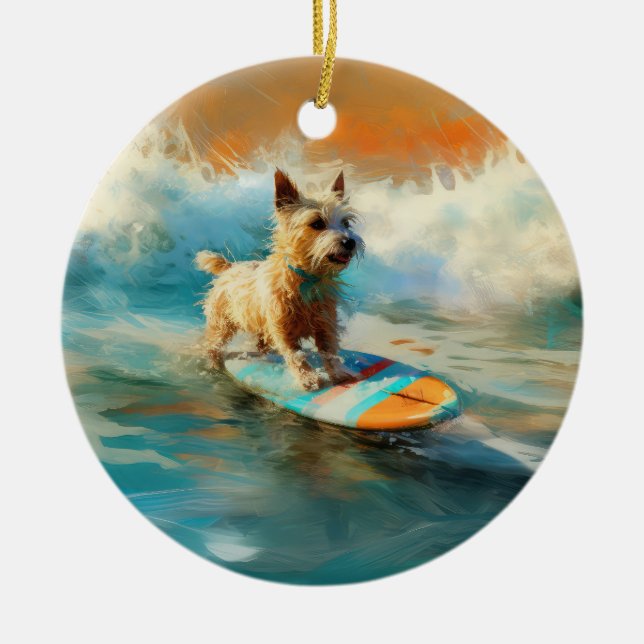 Biewer Terrier Beach Surfing Painting  Ceramic Tree Decoration (Front)