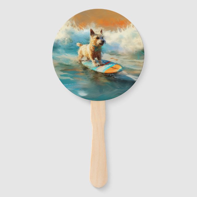 Biewer Terrier Beach Surfing Painting  Hand Fan (Front)